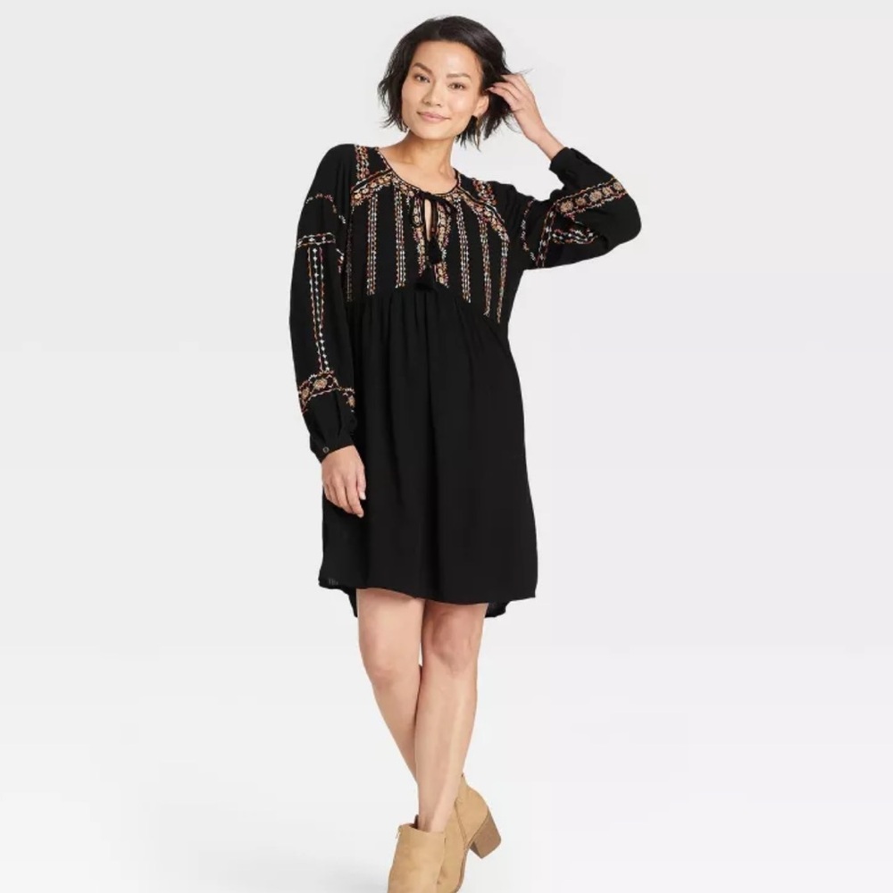 Knox Rose Black Gauze Embroidered Dress Sz Lg